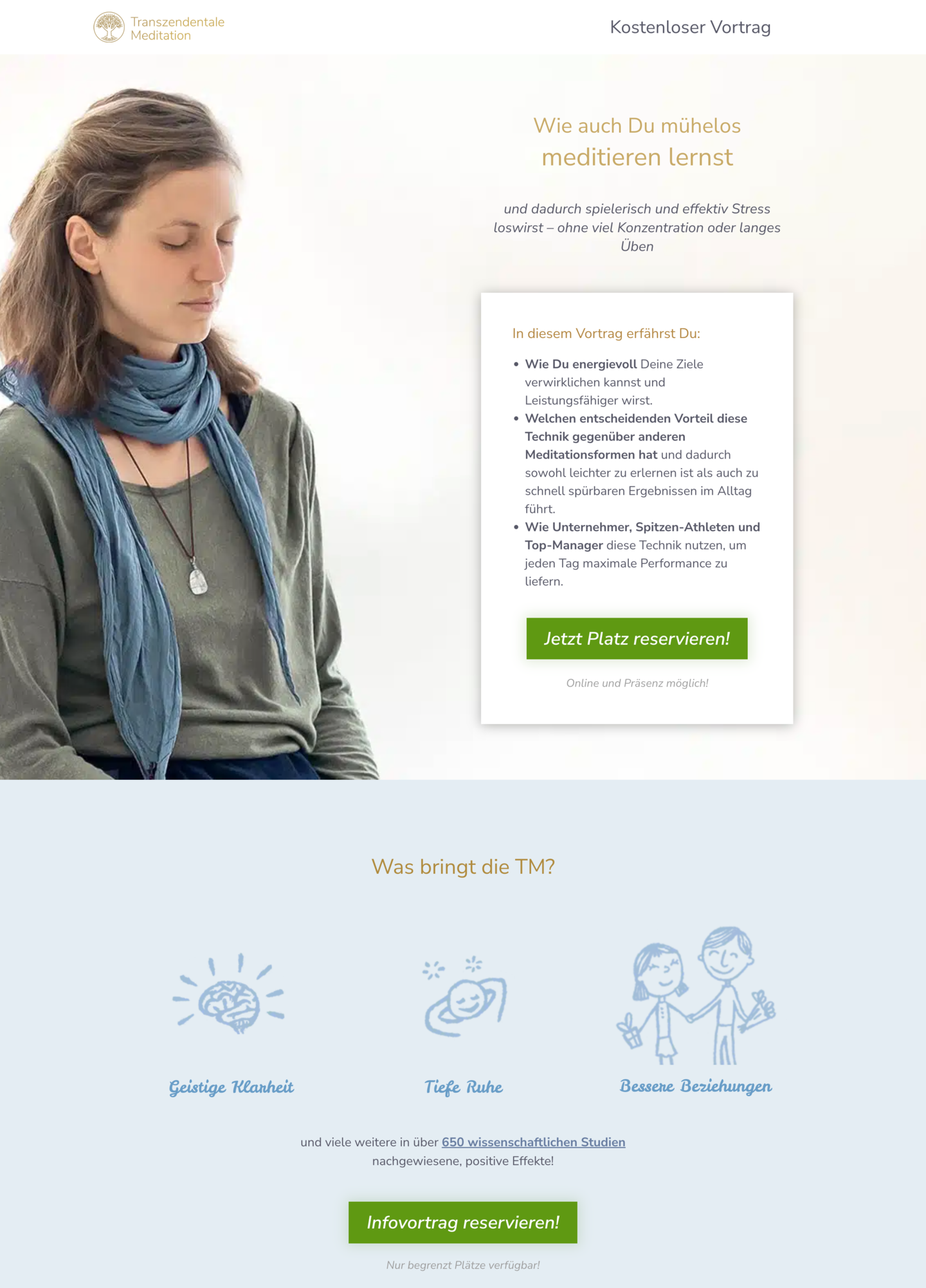 Meditation.de hero — no authority logos above the fold