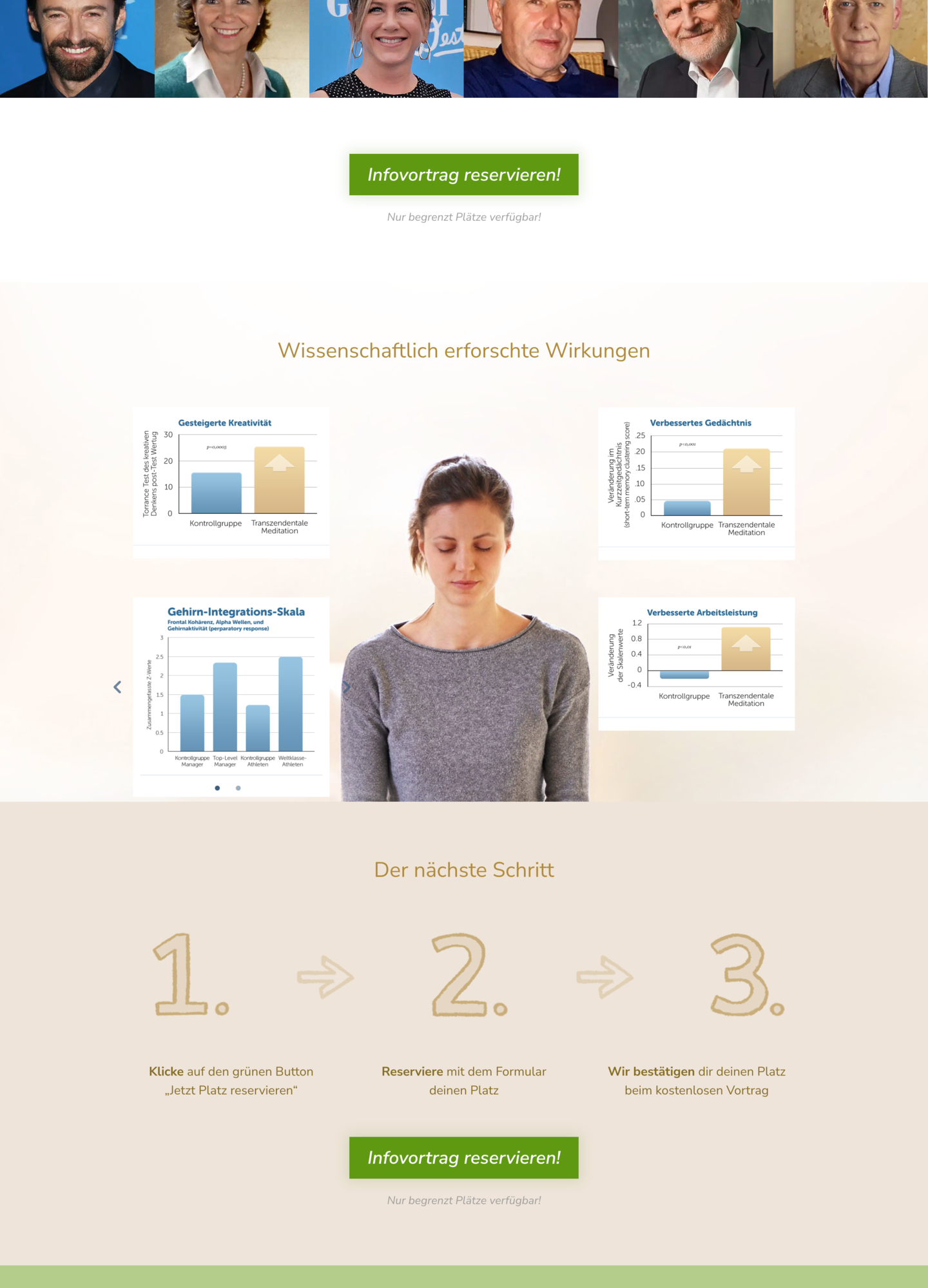 Meditation.de — Nur begrenzt Plätze verfügbar microcopy under green CTA