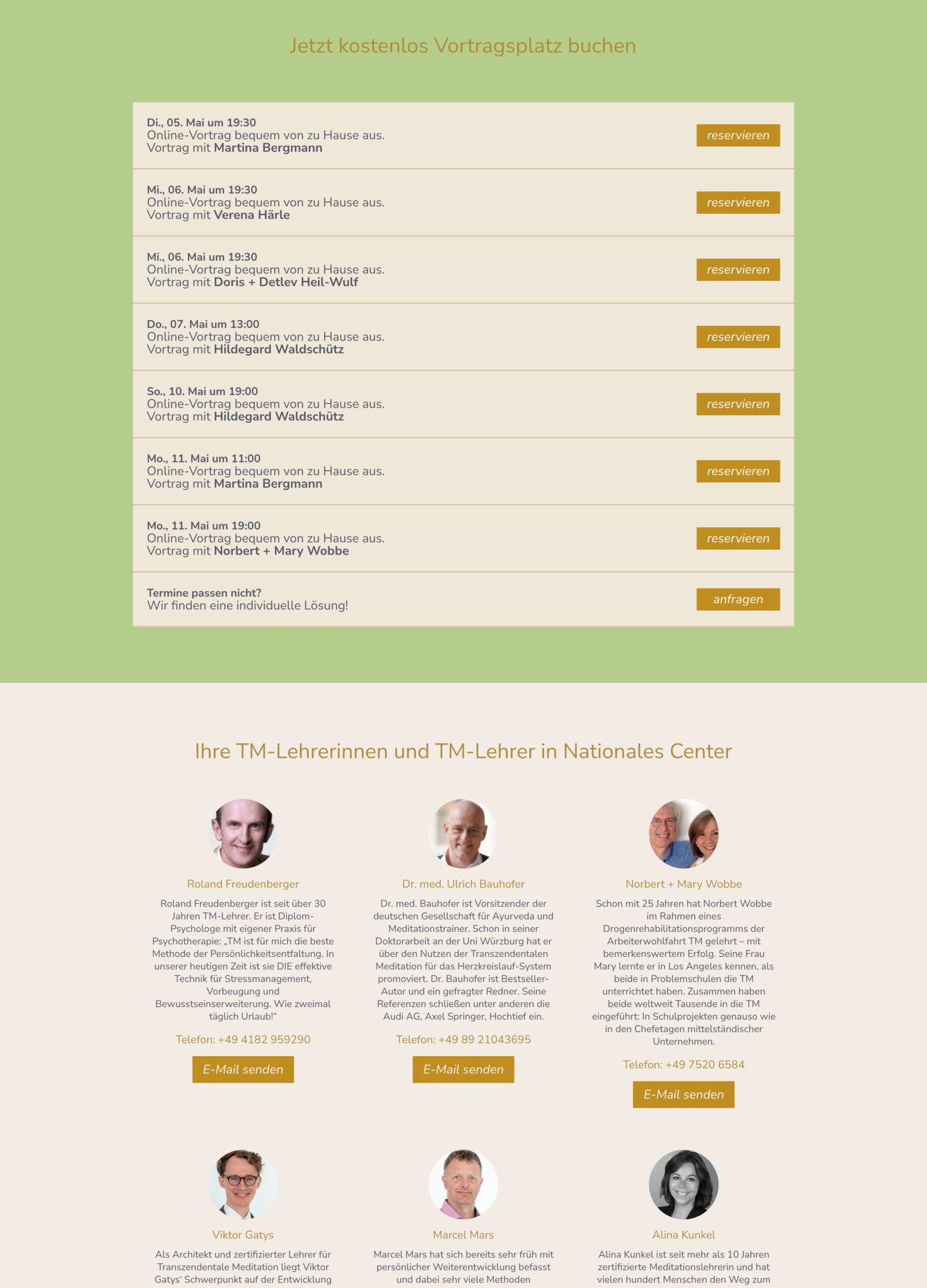 Meditation.de instructor cards with phone numbers and E-Mail senden buttons