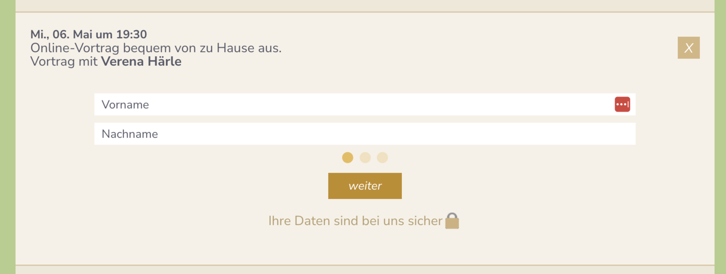 Meditation.de modal step 1 with brown weiter button