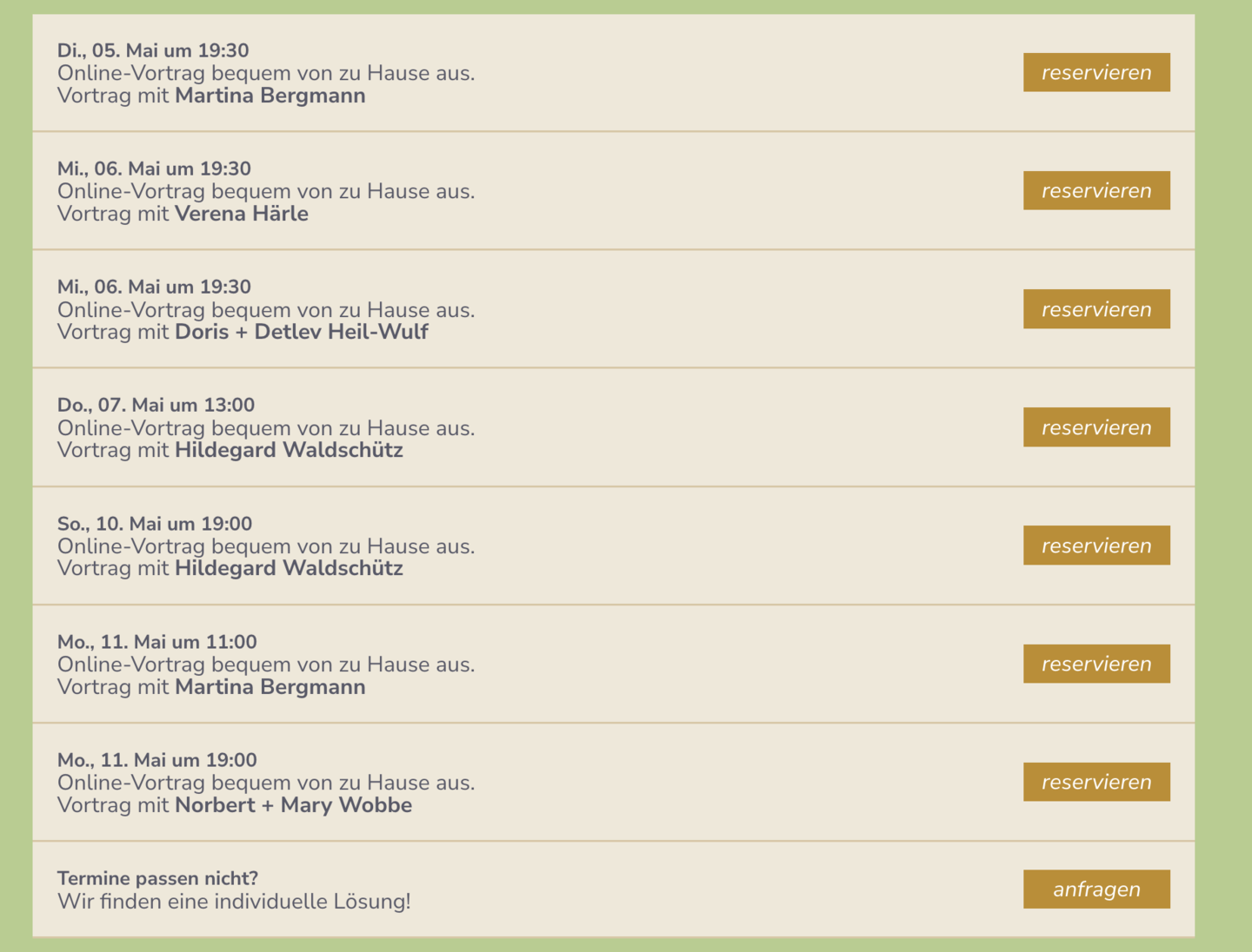 Meditation.de scheduling section with brown italic reservieren buttons